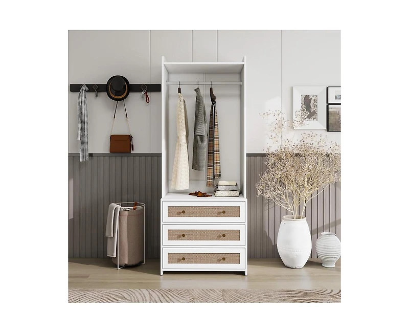 Casainc Tall Cabinet with 3 Drawers Rattan High Wardrobe Armoire