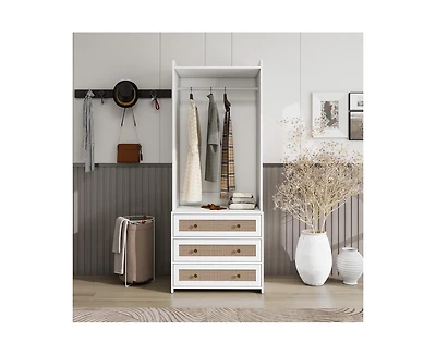 Casainc Tall Cabinet with 3 Drawers Rattan High Wardrobe Armoire