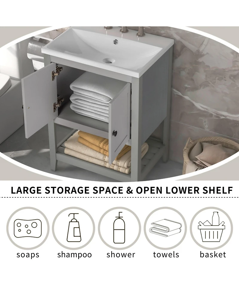 Casainc 24" Modern Bathroom Vanity With Ceramic Sink, Sleek Design and Open Style Shelf