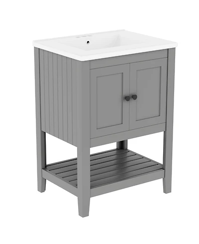 Casainc 24" Modern Bathroom Vanity With Ceramic Sink, Sleek Design and Open Style Shelf