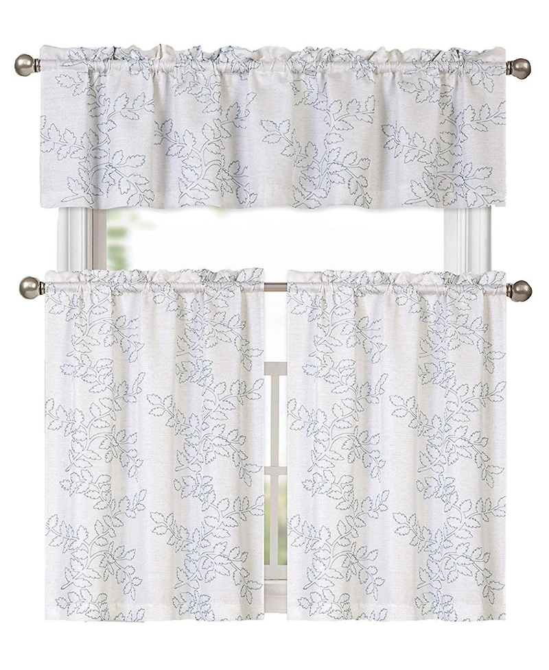 Kate Aurora Brielle Embroidered Linen Kitchen Curtain Tier & Valance Set - 56 in. W x 15 L