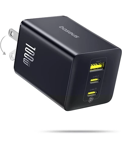 Baseus 100W Usb C Charger Block, 3-Port Foldable Compact Pps Wall Charger, Fast Charging Power Adapter for MacBook Pro/Air, iPad, iPhone 16/15, Galaxy