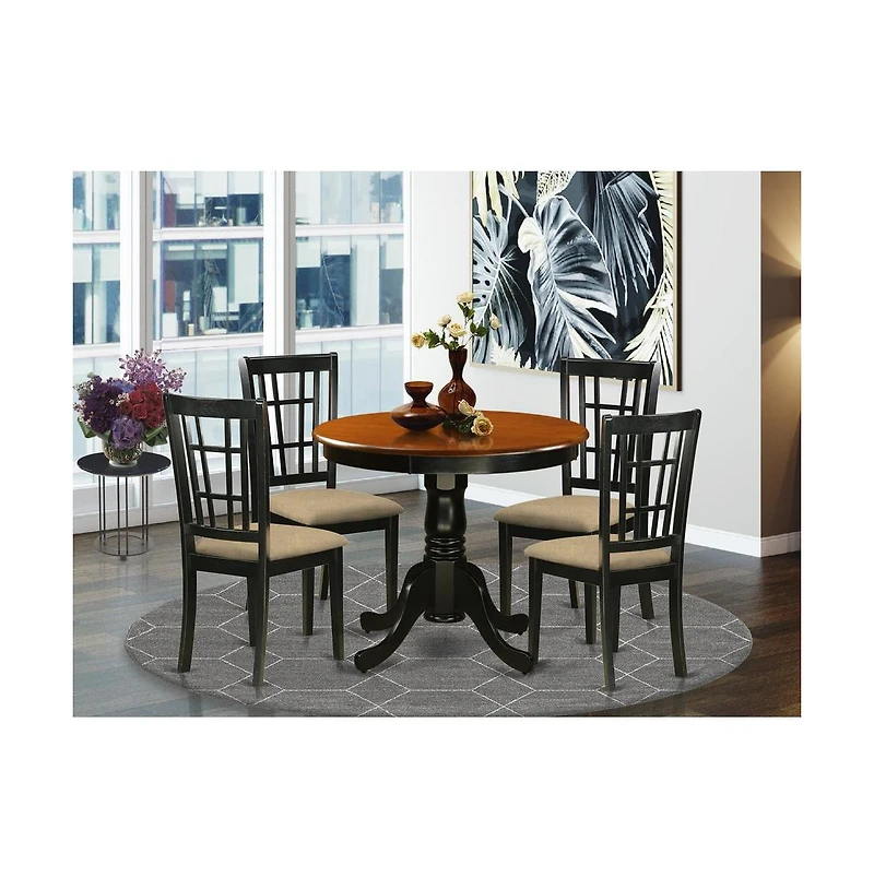 East West Furniture 5 Pc Dining Table with 4 Linen Chairs in Black and Cherry