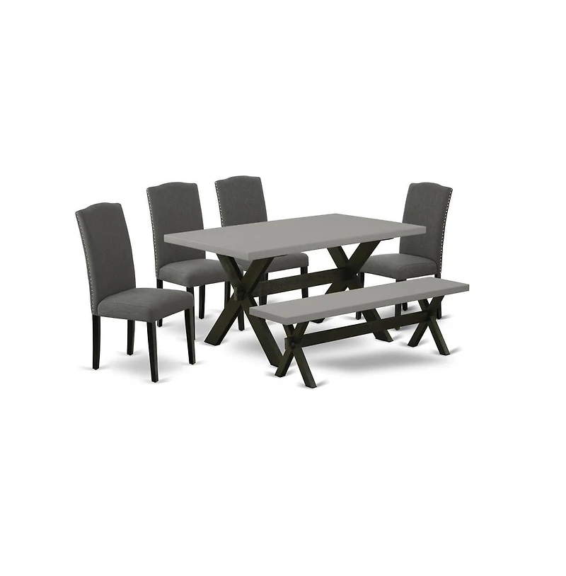 East West Furniture 6-Pc Dining Table Set - 4 Dining Chairs, a Modern Bench Cement Top and 1 Modern Cement Dining Table Top