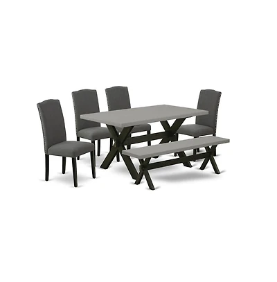 East West Furniture 6-Pc Dining Table Set - 4 Dining Chairs, a Modern Bench Cement Top and 1 Modern Cement Dining Table Top