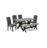 East West Furniture 6-Pc Dining Table Set - 4 Dining Chairs, a Modern Bench Cement Top and 1 Modern Cement Dining Table Top