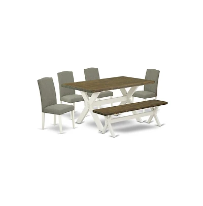6-Piece Amazing an Outstanding Distressed Jacobean dining table Top and Distressed Jacobean Small Bench and 4 Lovely Linen Fabric Parson Chairs