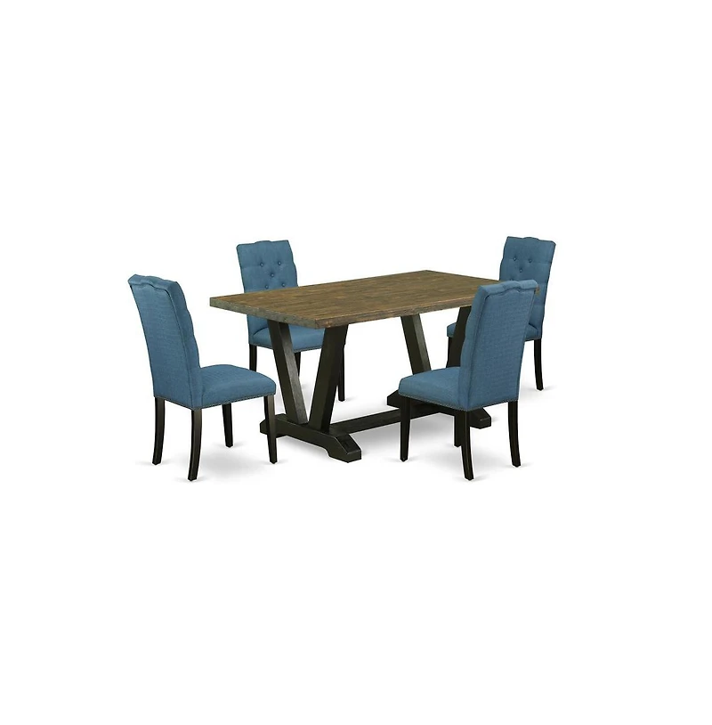 East West Furniture 5-Piece Stylish an Excellent Distressed Jacobean Dining Table Top and 4 Gorgeous Linen Fabric Parson Chairs with Nail Heads and Bu