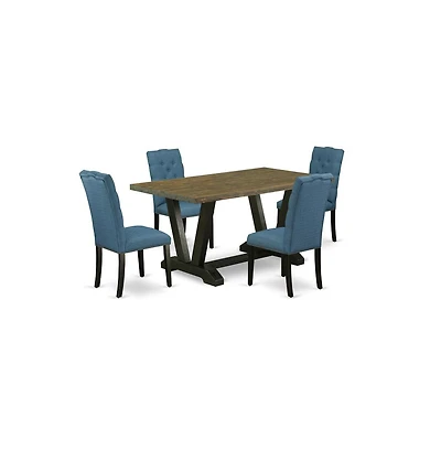 East West Furniture 5-Piece Stylish an Excellent Distressed Jacobean Dining Table Top and 4 Gorgeous Linen Fabric Parson Chairs with Nail Heads and Bu