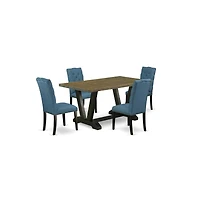 East West Furniture 5-Piece Stylish an Excellent Distressed Jacobean Dining Table Top and 4 Gorgeous Linen Fabric Parson Chairs with Nail Heads and Bu