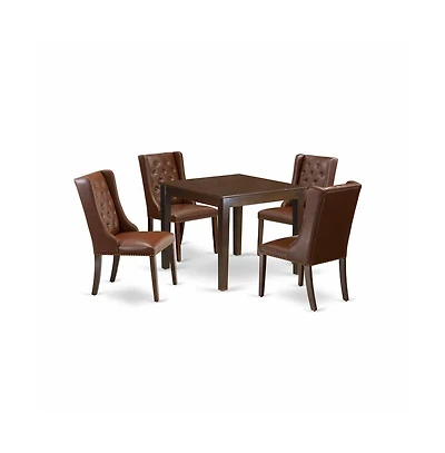 East West Furniture 5-Piece Kitchen Room Table Set Includes 1 Dining Table with Square Table top and 4 Brown Linen Fabric Dining Chairs Button Tufted
