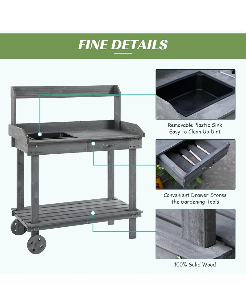 Outsunny 36" x 18" x 47'' Wood Potting Bench Work Table w/ 2 Wheels,