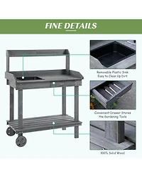 Outsunny 36" x 18" x 47'' Wood Potting Bench Work Table w/ 2 Wheels,