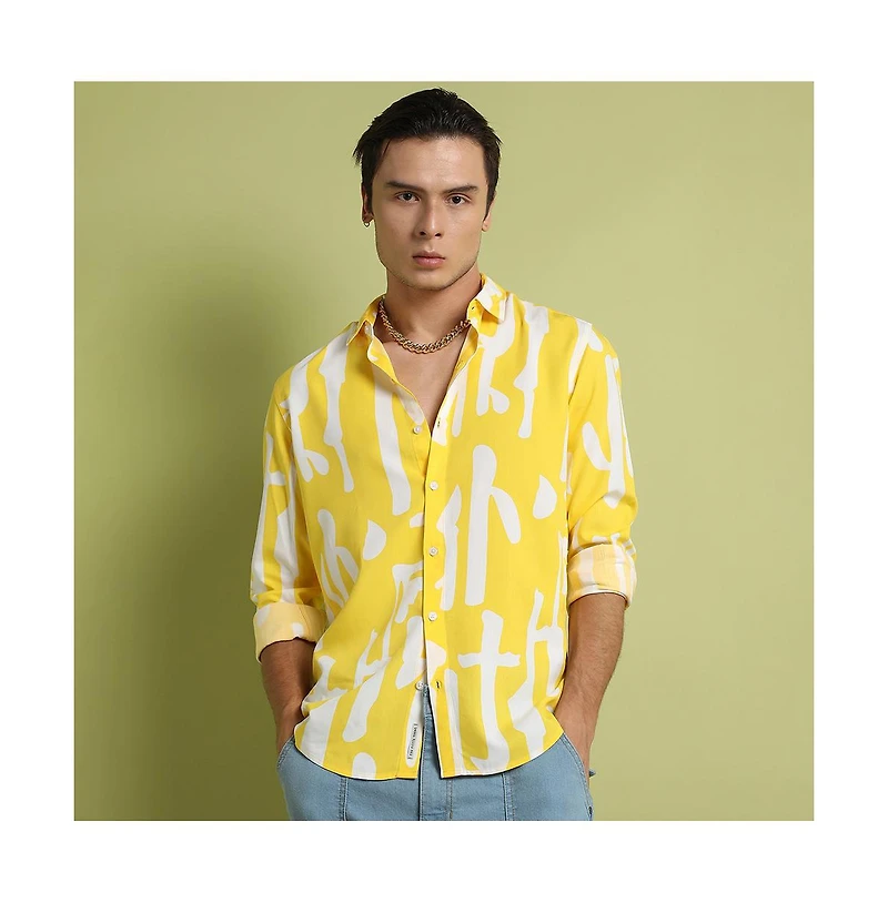 Campus Sutra Men's Lemon Yellow Abstract Print Shirt