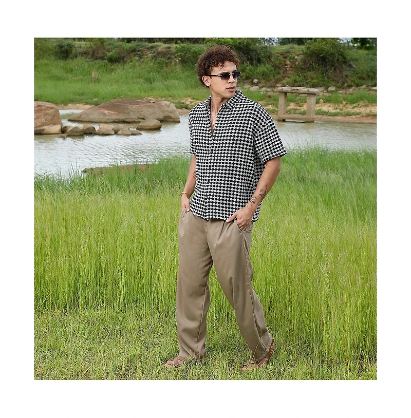 Campus Sutra Men's Midnight Black & Powder White Lozenge-Striped Oversized Shirt