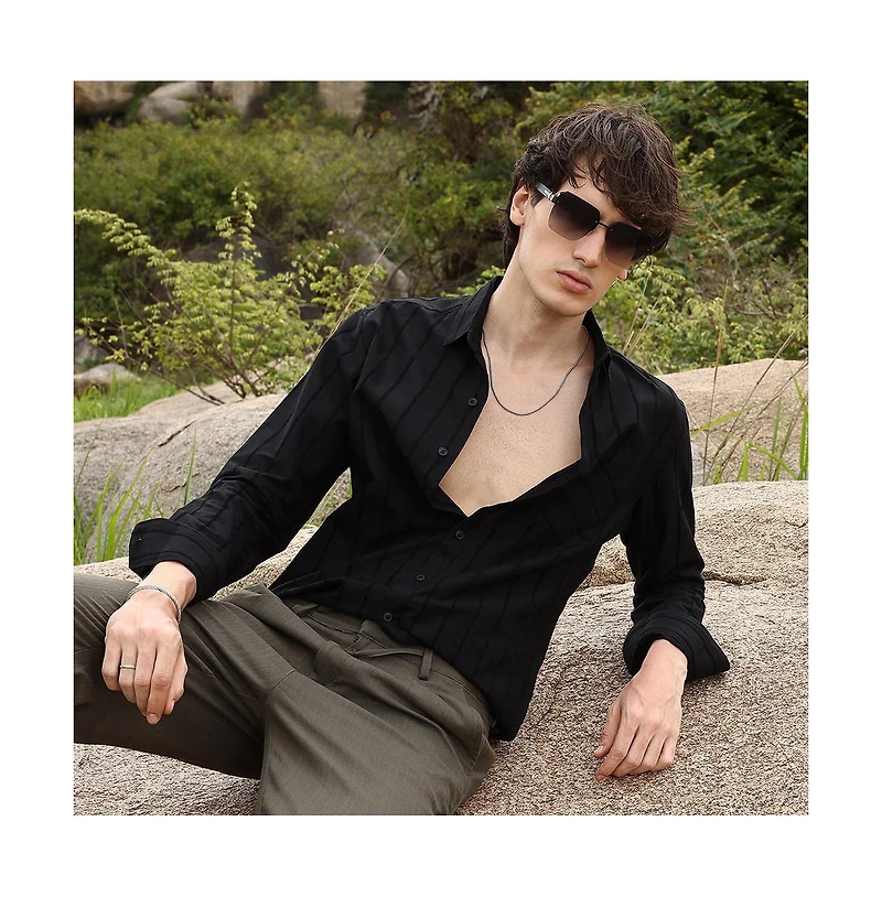 Campus Sutra Men's Midnight Blacl Pastel Striped Shirt