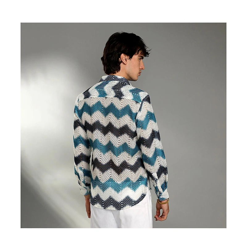 Campus Sutra Men's Electric Blue & Powder White Chevron-Block Knit Shirt