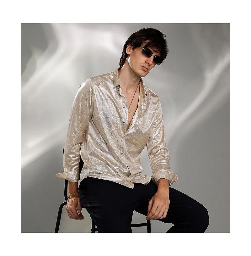 Campus Sutra Men's Metallic Beige Sheen Chevron Shirt
