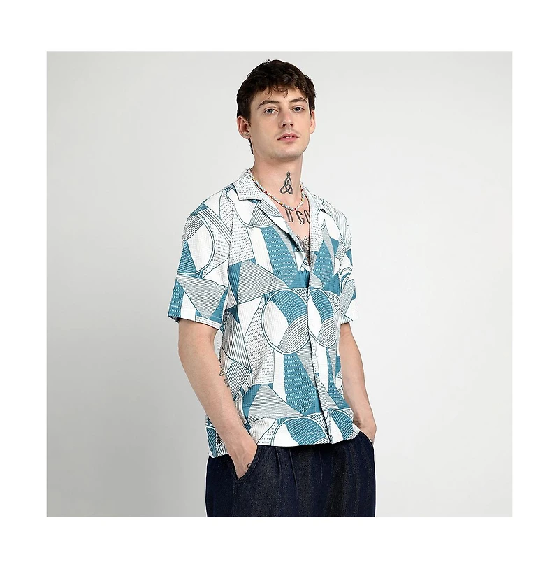Campus Sutra Men's Steel Blue Oversized Geometric Lined Shirt