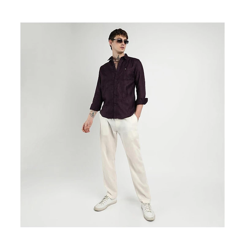 Campus Sutra Men's Plum Purple Embroidered One-Lined Shirt