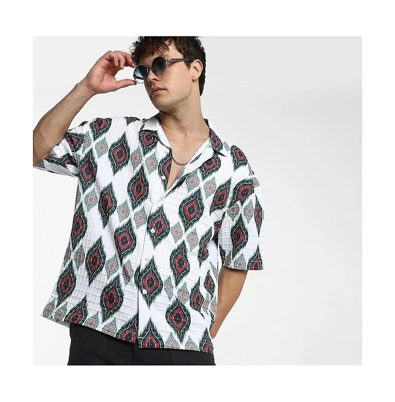 Campus Sutra Men's Chalk White Ikkat Motif Oversized Shirt