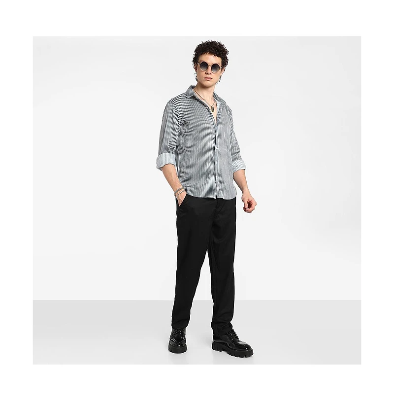 Campus Sutra Men's Midnight Black & Powder White Pleat-Creased Shirt