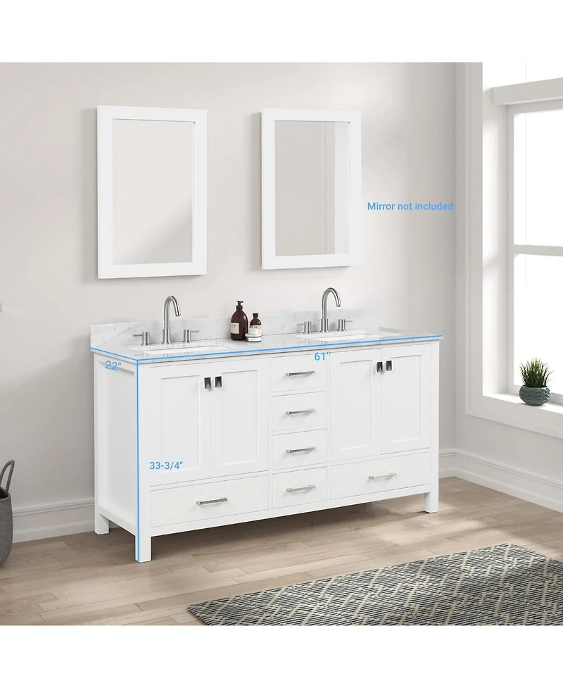 Vanirror 60-Inch Double Bathroom Vanity in Matte White – Solid Wood Cabinet with Marble Countertop and Ceramic Undermount Sink