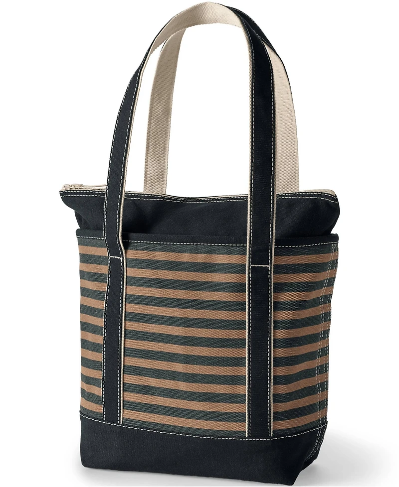 Lands' End Medium Print 5 Pocket Zip Top Long Handle Canvas Tote Bag