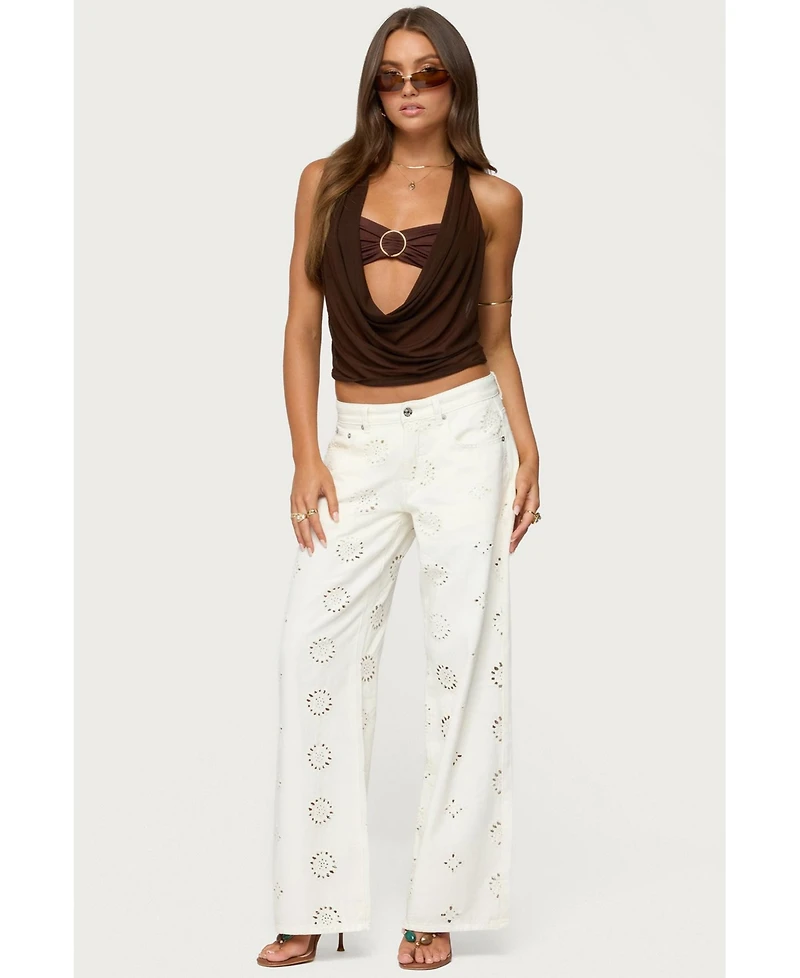 Edikted Womens Eyelet Low Rise Wide Leg Jeans