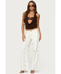 Edikted Womens Eyelet Low Rise Wide Leg Jeans
