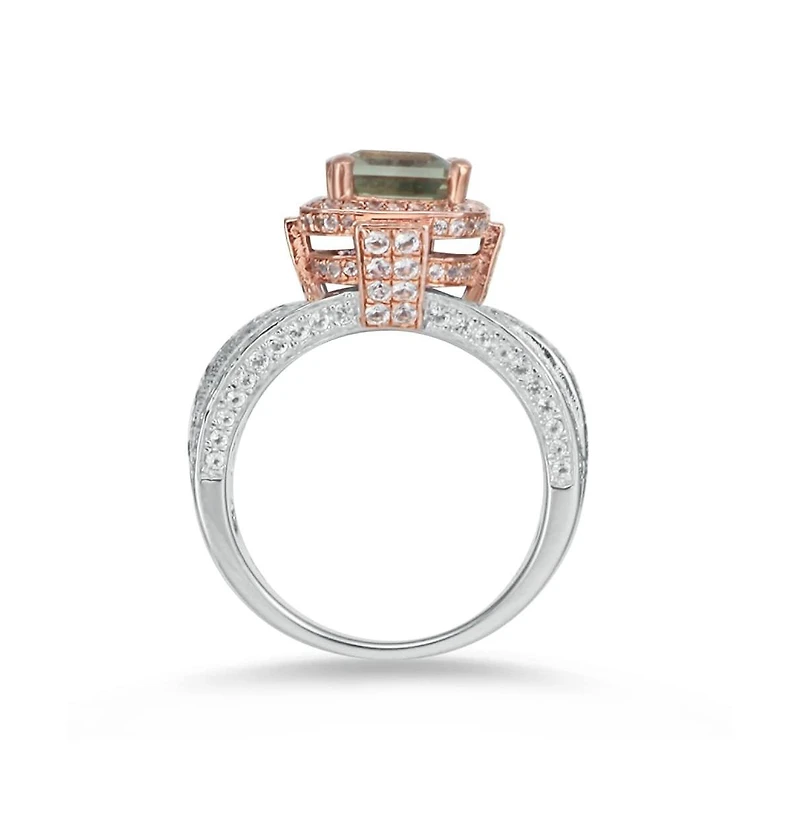 Suzy Levian New York Two-Tone Sterling Silver Emerald Cut Center Topaz Cocktail Milano Ring