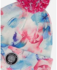 Deux par Girl Lined Knit Pompom Hat Blue Flower Print - Toddler|Child