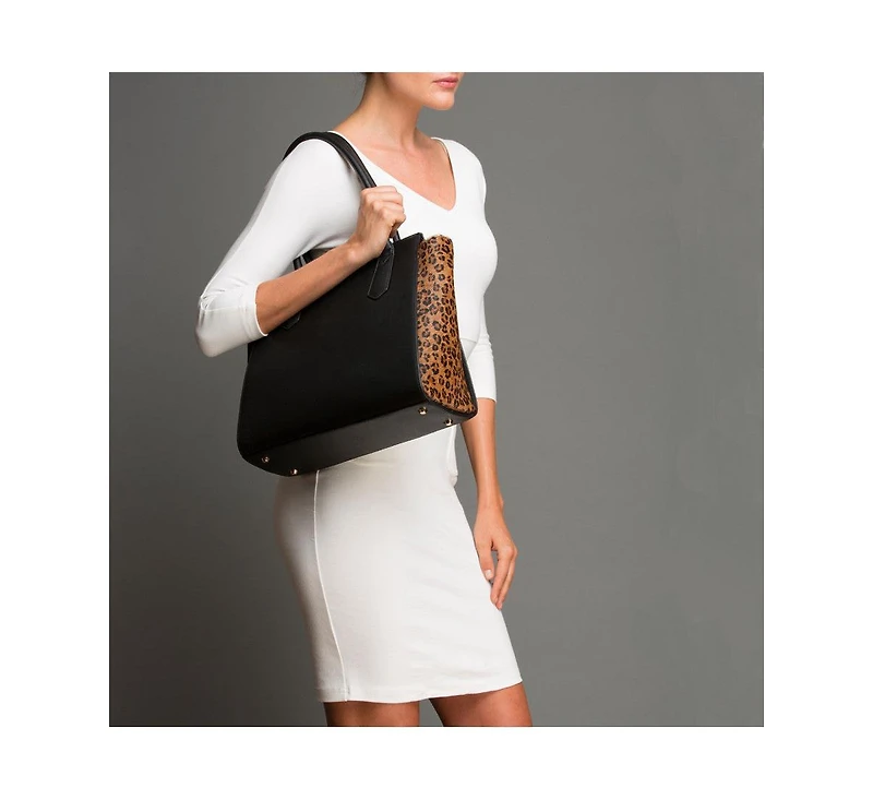Susu Black Leather Tote Bag with Leopard Print Sides Large Women's Shoulder Bag for Work, Travel, and Everyday Use