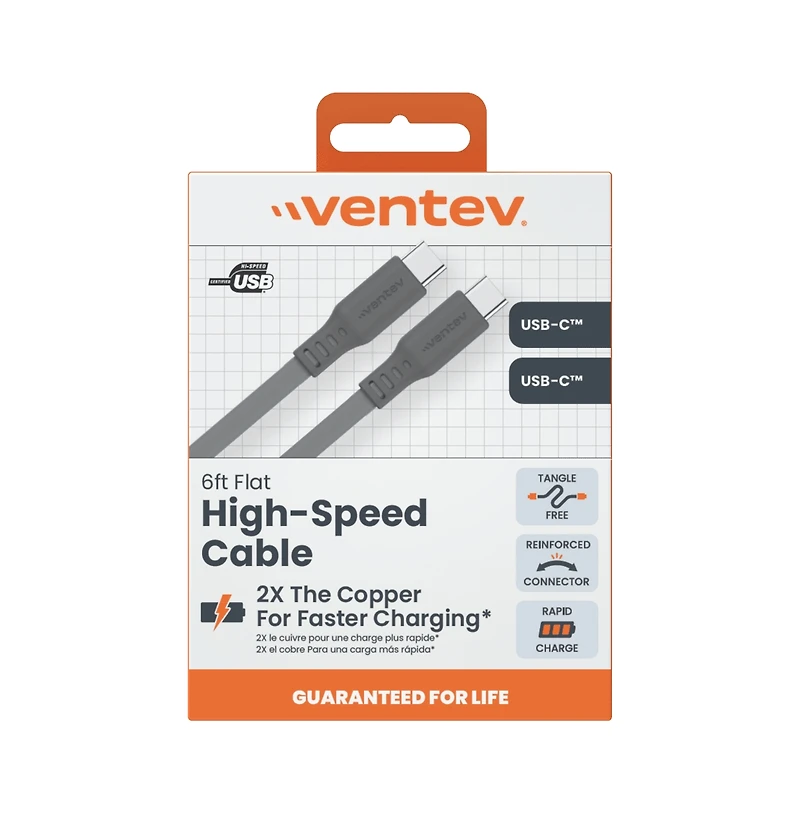 Ventev Flat Usb C to Usb C High Speed Tangle-Free Cable 6ft-Gray