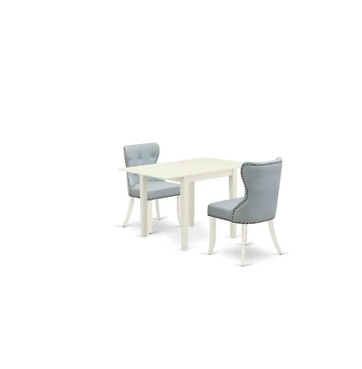 East West Furniture dining table set of two great parson chairs with Linen Fabric Baby Blue color and a gorgeous drop leaf rectangle dining table with