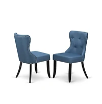 East West Furniture dining room table set of 4 wonderful kitchen chairs using Linen Fabric Mineral Blue color and a beautiful wood pedestal kitchen ta
