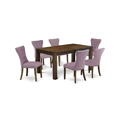 East West Furniture 7-Pc Dining Room Table Set- 6 Kitchen Parson Chairs with Dahlia Linen Fabric Seat and Button Tufted Chair Back
