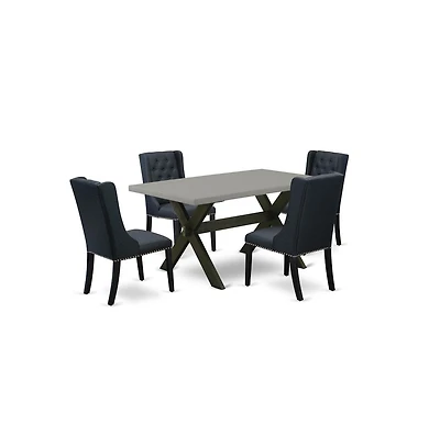 East West Furniture 5 Pc Dining Room Table Set Includes 4 Black Linen Fabric Dining Room Chairs with Button Tufted and Cement Dining Room Table
