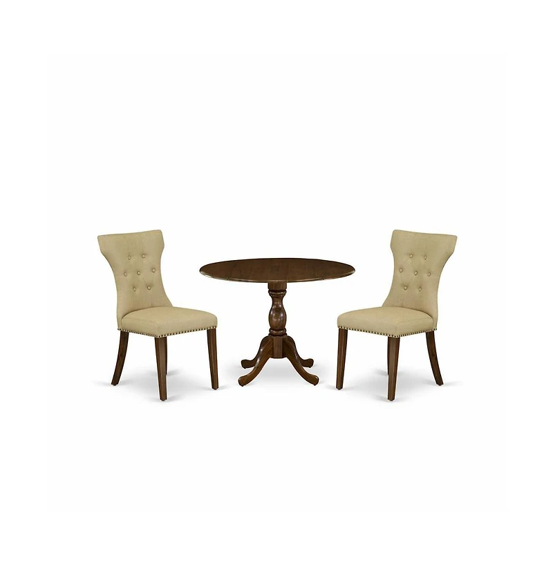 East West Furniture 3 Piece Modern Dining Table Set Contains 1 Drop Leaves Dining Table and 2 Brown Linen Fabric Kitchen Chair Button Tufted Back with