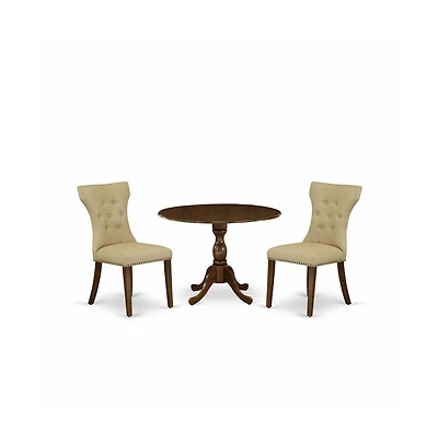 East West Furniture 3 Piece Modern Dining Table Set Contains 1 Drop Leaves Dining Table and 2 Brown Linen Fabric Kitchen Chair Button Tufted Back with