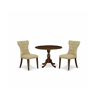 East West Furniture 3 Piece Modern Dining Table Set Contains 1 Drop Leaves Dining Table and 2 Brown Linen Fabric Kitchen Chair Button Tufted Back with