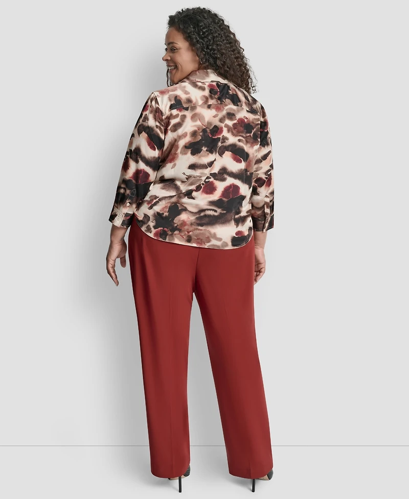 Dkny Plus Printed Pleat-Front 3/4-Sleeve Blouse