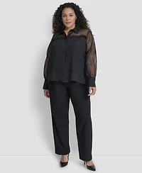 Dkny Plus Collared Mixed-Media Illusion Blouse