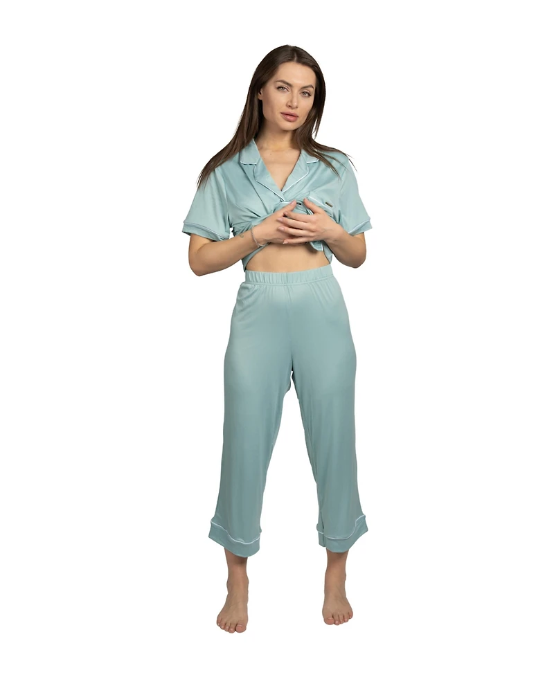 Bcbg Maxazria Women's Short Sleeve Notch Collar Top and Capri Pants Pajamas 2-Piece Set