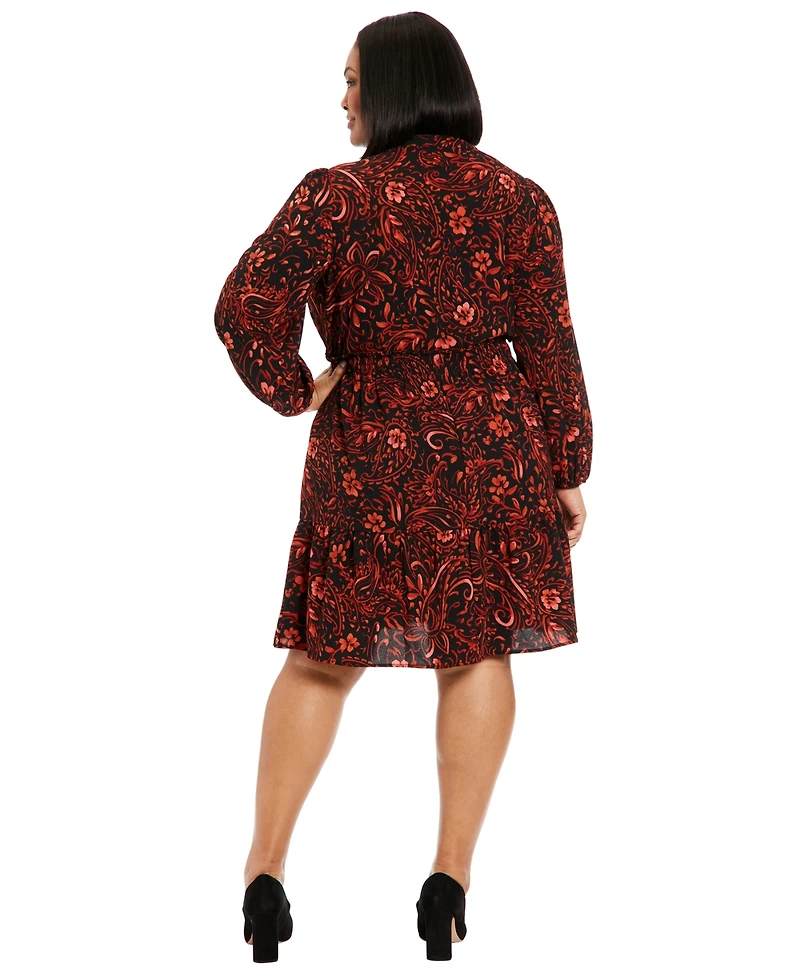 London Times Plus Long-Sleeve Printed Chiffon Dress