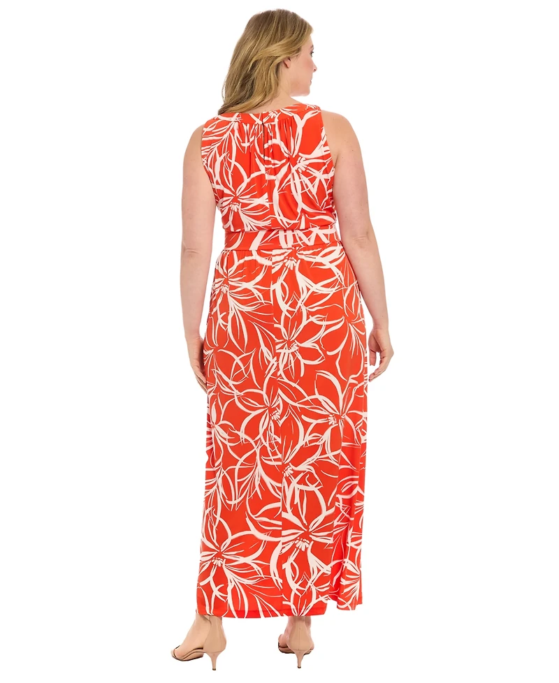 London Times Plus Floral-Print Halter-Neck Maxi Dress