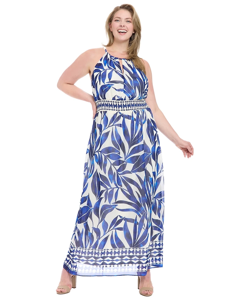 London Times Plus Printed Halter-Neck Maxi Dress