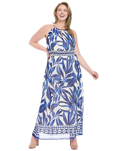 London Times Plus Printed Halter-Neck Maxi Dress