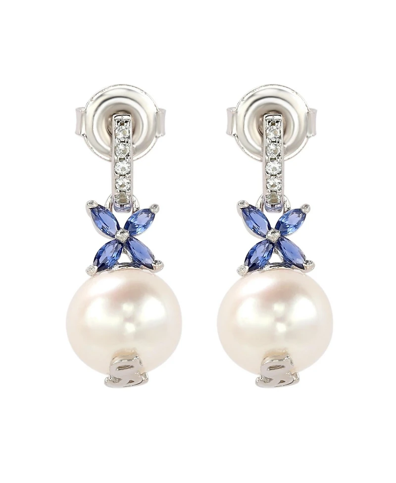 Suzy Levian New York Sterling Silver Pearl & Sapphire Floral Earrings