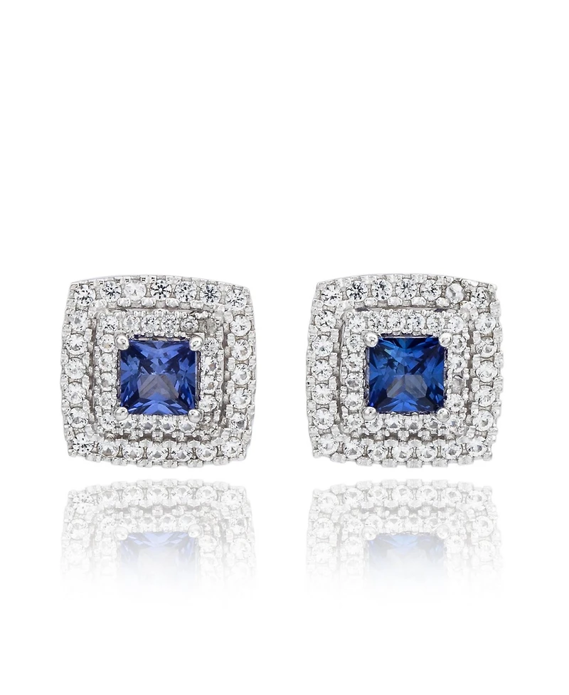 Suzy Levian Sterling Silver Square Cut Sapphire & Created White Double Halo Stud Earrings